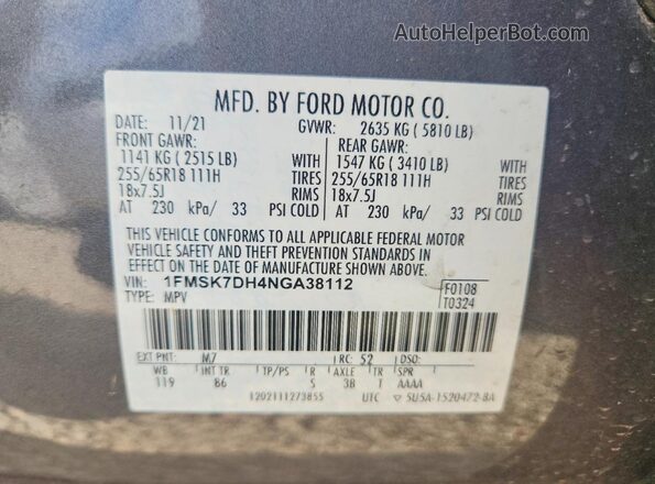 1FMSK7DH4NGA38112 2022 FORD EXPLORER Gray Вид наклейки з VIN-кодом