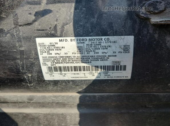 1FMSK7DH5LGC56685 2020 FORD EXPLORER Gray VIN sticker view