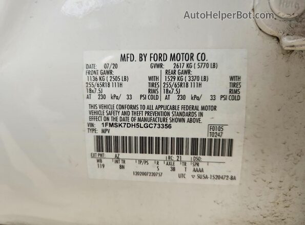 1FMSK7DH5LGC73356 2020 FORD EXPLORER White VIN sticker view