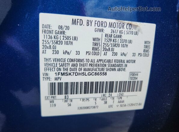 1FMSK7DH5LGC86558 2020 FORD EXPLORER Blue VIN sticker view