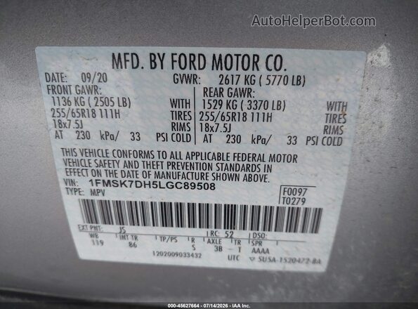 1FMSK7DH5LGC89508 2020 FORD EXPLORER Silver Engine compartment view