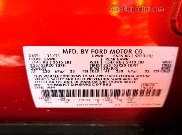 1FMSK7DH5MGC07892 2021 FORD EXPLORER Red Vista interior de 360 grados