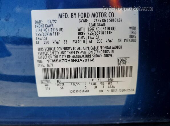 1FMSK7DH5NGA79168 2022 FORD EXPLORER Blue სალონის 360-გრადუსიანი ხედი
