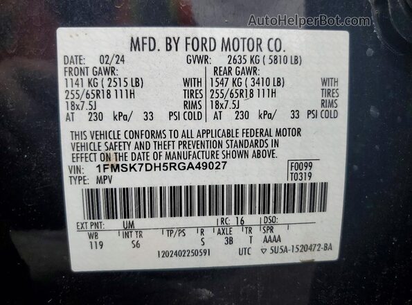 1FMSK7DH5RGA49027 2024 FORD EXPLORER Black Widok naklejki z numerem VIN