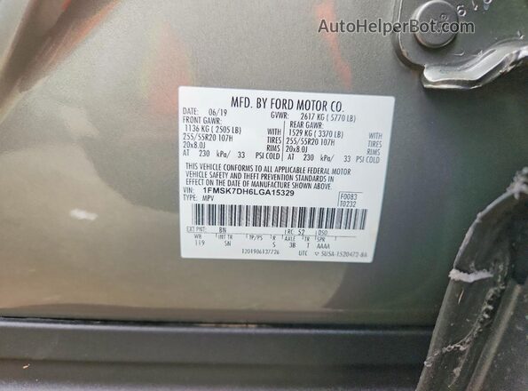 1FMSK7DH6LGA15329 2020 FORD EXPLORER Gray Widok naklejki z numerem VIN