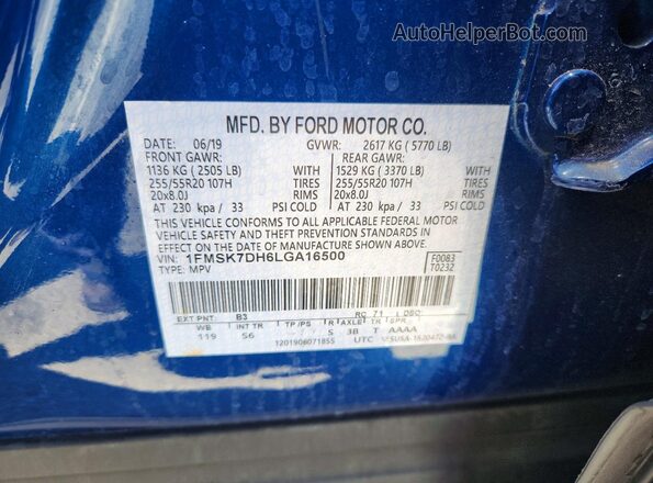 1FMSK7DH6LGA16500 2020 FORD EXPLORER Blue Vista del compartimento del motor