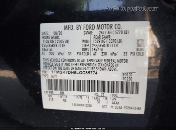 1FMSK7DH6LGC85774 2020 FORD EXPLORER Black Вид підкапотного простору