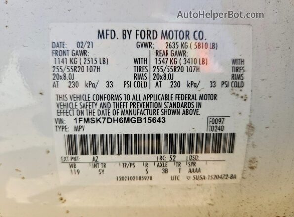 1FMSK7DH6MGB15643 2021 FORD EXPLORER White სალონის 360-გრადუსიანი ხედი