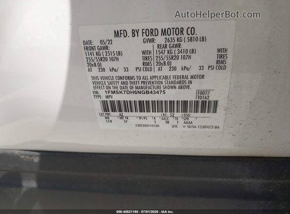 1FMSK7DH6NGB43475 2022 FORD EXPLORER White Vista del compartimento del motor