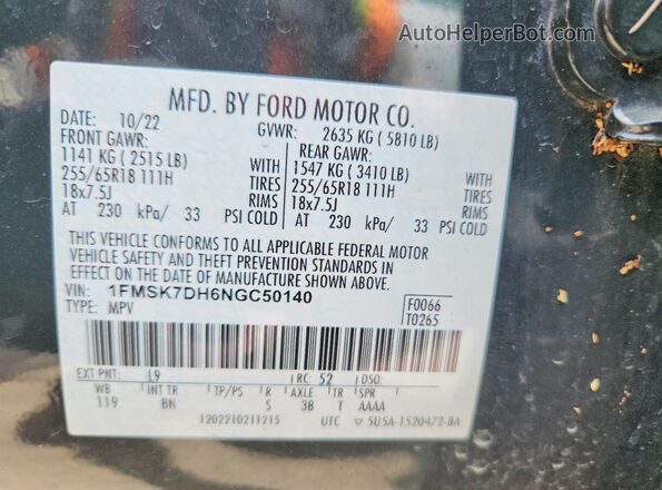 1FMSK7DH6NGC50140 2022 FORD EXPLORER Green Widok naklejki z numerem VIN