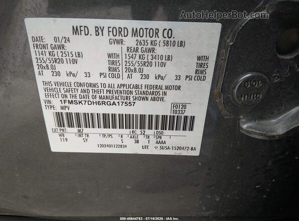 1FMSK7DH6RGA17557 2024 FORD EXPLORER Gray Widok komory silnika