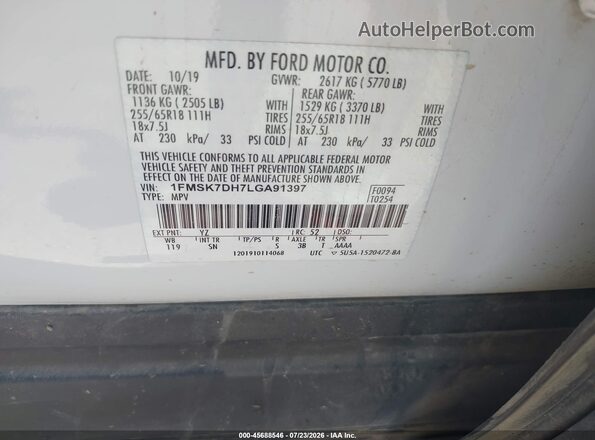 1FMSK7DH7LGA91397 2020 FORD EXPLORER White Engine compartment view