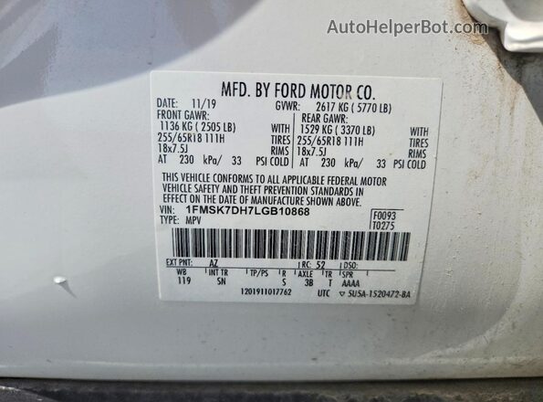 1FMSK7DH7LGB10868 2020 FORD EXPLORER White VIN კოდის სტიკერის ხედი