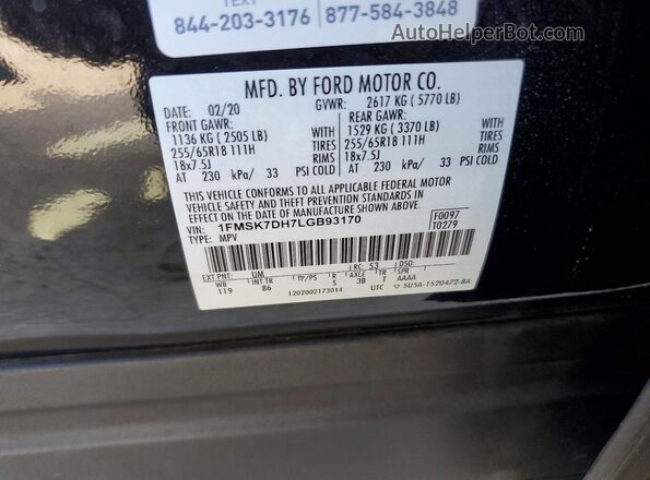 1FMSK7DH7LGB93170 2020 FORD EXPLORER Black VIN კოდის სტიკერის ხედი