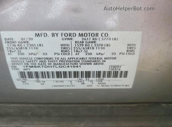 1FMSK7DH7LGC41041 2020 FORD EXPLORER Silver Панорамний вид салону 360°