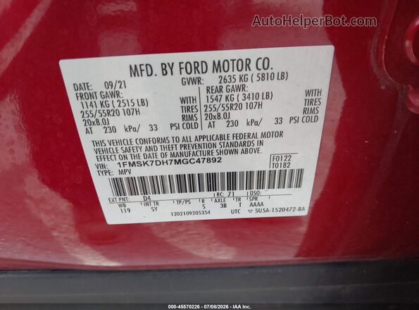 1FMSK7DH7MGC47892 2021 FORD EXPLORER Red Vista del compartimento del motor
