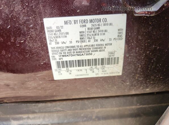 1FMSK7DH7NGA73050 2022 FORD EXPLORER Burgundy VIN კოდის სტიკერის ხედი