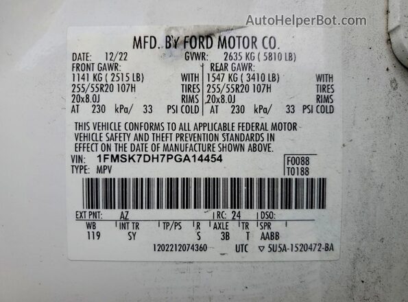 1FMSK7DH7PGA14454 2023 FORD EXPLORER Белый Вид наклейки с VIN-кодом