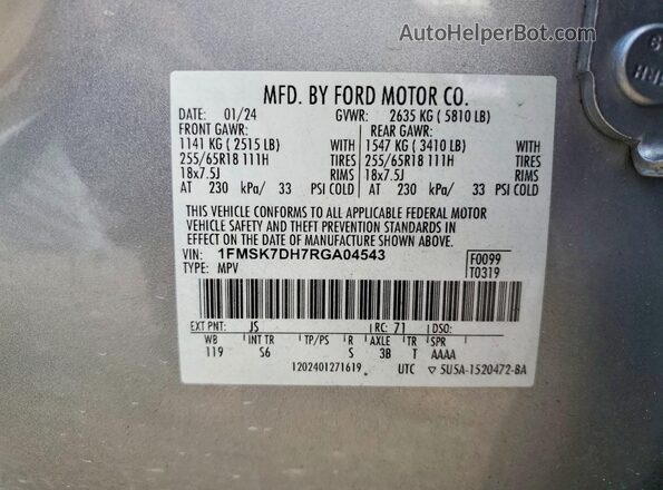 1FMSK7DH7RGA04543 2024 FORD EXPLORER Silver VIN კოდის სტიკერის ხედი