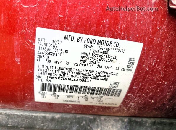 1FMSK7DH8LGC59628 2020 FORD EXPLORER Red Vista de la etiqueta del VIN