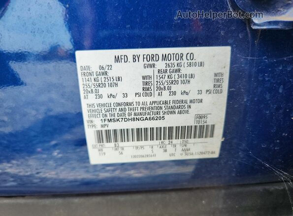 1FMSK7DH8NGA66205 2022 FORD EXPLORER Синий Панорамный вид салона 360°