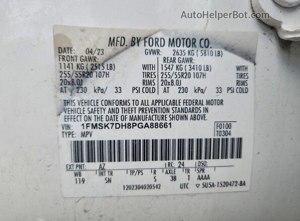 1FMSK7DH8PGA88661 2023 FORD EXPLORER White Widok wnętrza 360 stopni
