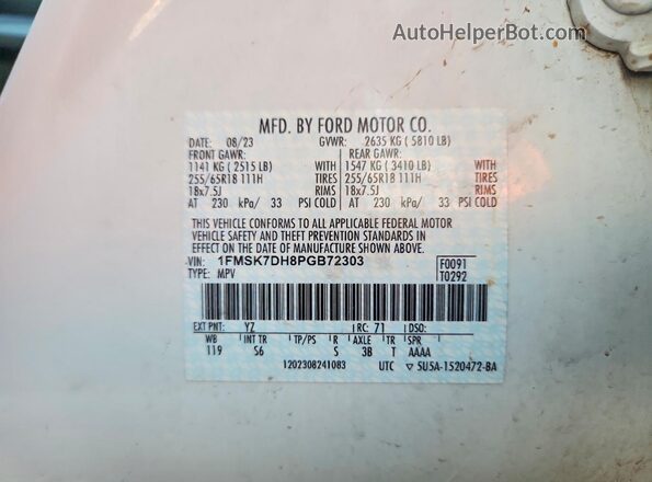 1FMSK7DH8PGB72303 2023 FORD EXPLORER White Widok naklejki z numerem VIN