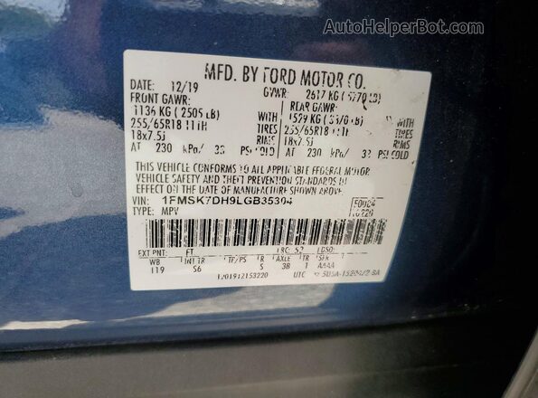 1FMSK7DH9LGB35304 2020 FORD EXPLORER Blue Вид наклейки з VIN-кодом