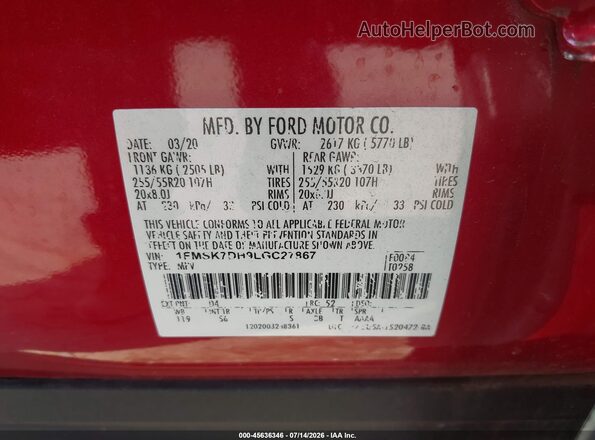 1FMSK7DH9LGC27867 2020 FORD EXPLORER Red Вид підкапотного простору