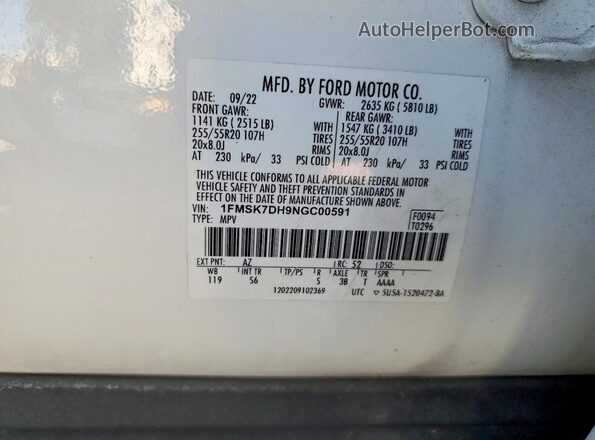 1FMSK7DH9NGC00591 2022 FORD EXPLORER Белый Вид наклейки с VIN-кодом