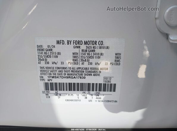 1FMSK7DH9RGA17830 2024 FORD EXPLORER White Widok komory silnika