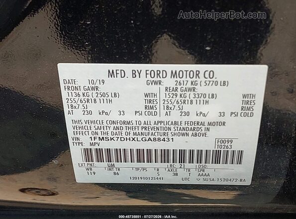 1FMSK7DHXLGA88431 2020 FORD EXPLORER Black ძრავის განყოფილების ხედი