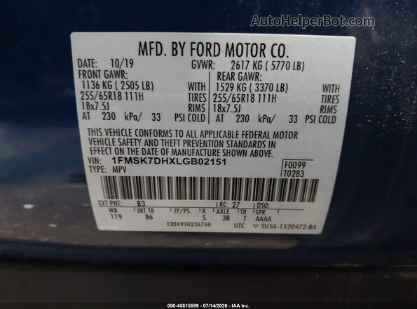 1FMSK7DHXLGB02151 2020 FORD EXPLORER Blue Vista del compartimento del motor