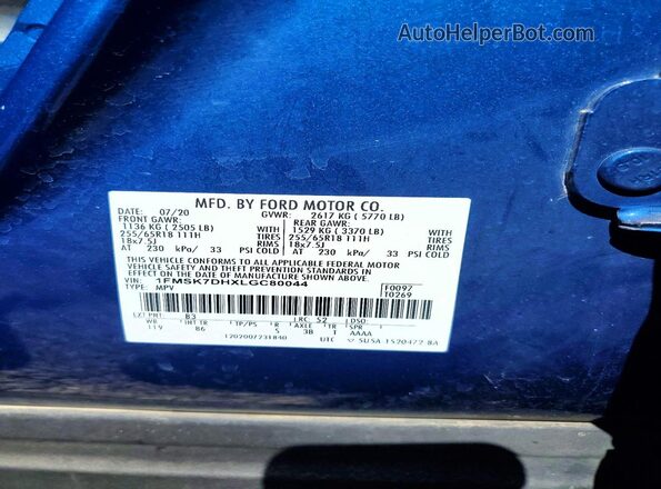 1FMSK7DHXLGC80044 2020 FORD EXPLORER Blue VIN კოდის სტიკერის ხედი