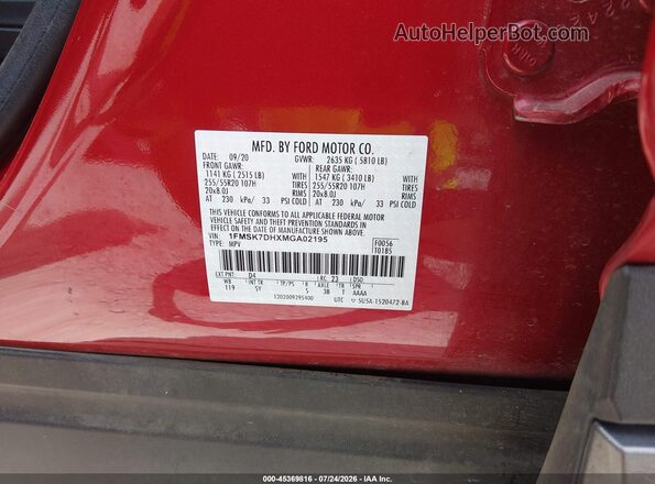 1FMSK7DHXMGA02195 2021 FORD EXPLORER Red Engine compartment view