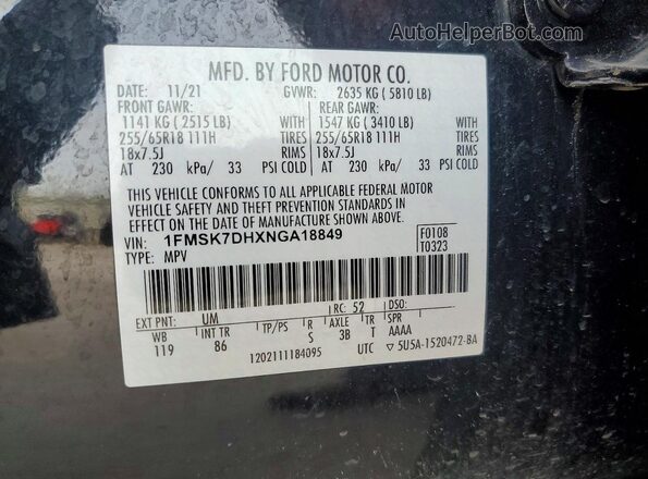 1FMSK7DHXNGA18849 2022 FORD EXPLORER Black Widok naklejki z numerem VIN