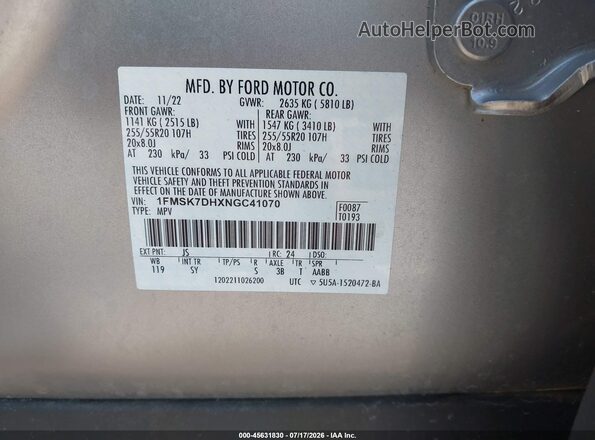 1FMSK7DHXNGC41070 2022 FORD EXPLORER Silver Vista del compartimento del motor