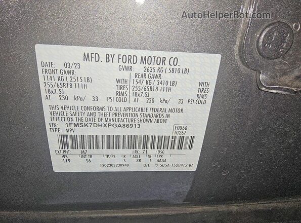 1FMSK7DHXPGA86913 2023 FORD EXPLORER Gray Vista de la etiqueta del VIN