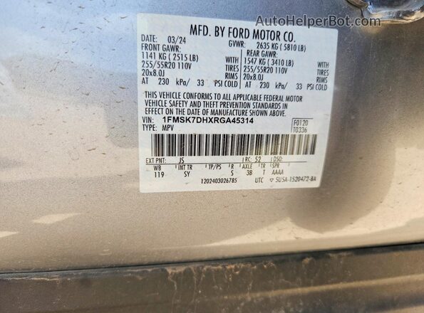 1FMSK7DHXRGA45314 2024 FORD EXPLORER Silver VIN sticker view
