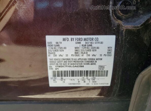 1FMSK7FH0LGA63566 2020 FORD EXPLORER Бордовый Вид наклейки с VIN-кодом