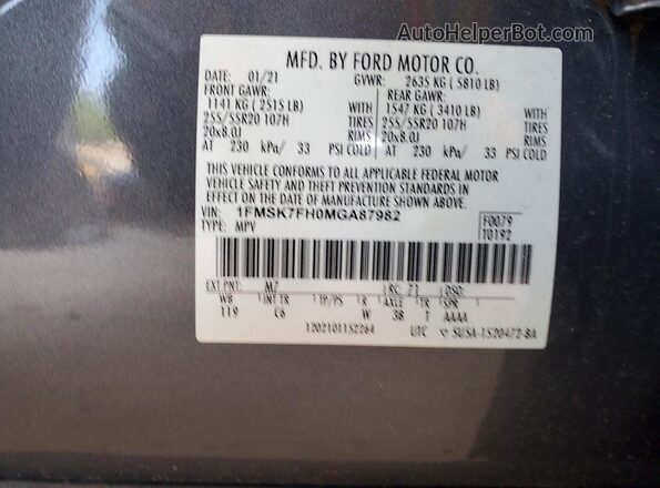1FMSK7FH0MGA87982 2021 FORD EXPLORER Gray Widok wnętrza 360 stopni
