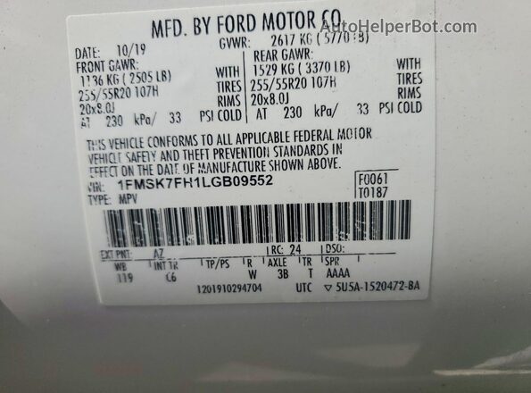 1FMSK7FH1LGB09552 2020 FORD EXPLORER White Widok naklejki z numerem VIN