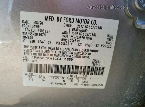 1FMSK7FH1LGC81869 2020 FORD EXPLORER Серебряный Вид подкапотного пространства