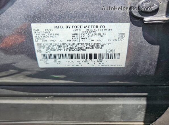 1FMSK7FH1NGA32796 2022 FORD EXPLORER Серый Вид наклейки с VIN-кодом