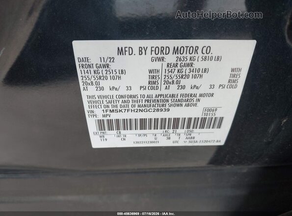 1FMSK7FH2NGC28939 2022 FORD EXPLORER Blue Вид підкапотного простору