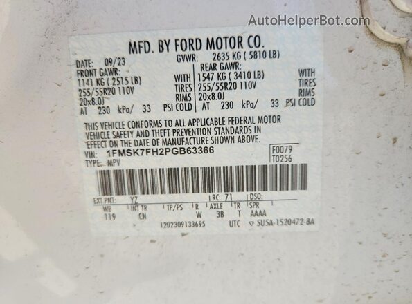 1FMSK7FH2PGB63366 2023 FORD EXPLORER White VIN sticker view