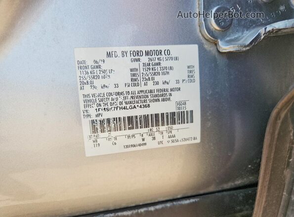 1FMSK7FH4LGA14368 2020 FORD EXPLORER Silver Vista interior de 360 grados