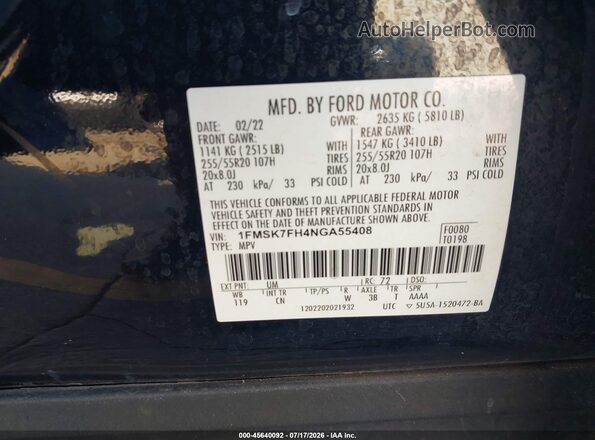 1FMSK7FH4NGA55408 2022 FORD EXPLORER Черный Вид подкапотного пространства