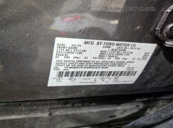1FMSK7FH4RGA57908 2024 FORD EXPLORER Gray Vista interior de 360 grados