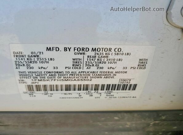 1FMSK7FH5MGA85502 2021 FORD EXPLORER White VIN կոդի պիտակի տեսք